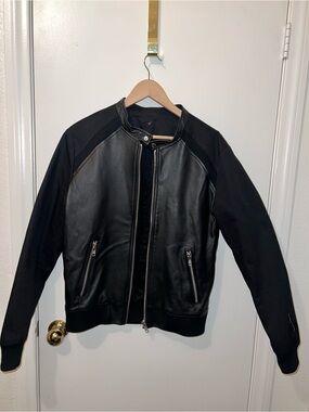 The Kooples Black Leather Bomber Jacket with Knit Sleeves